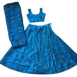 3-Piece Blue Lehenga Set - Embroidered Skirt, Blouse & Dupatta